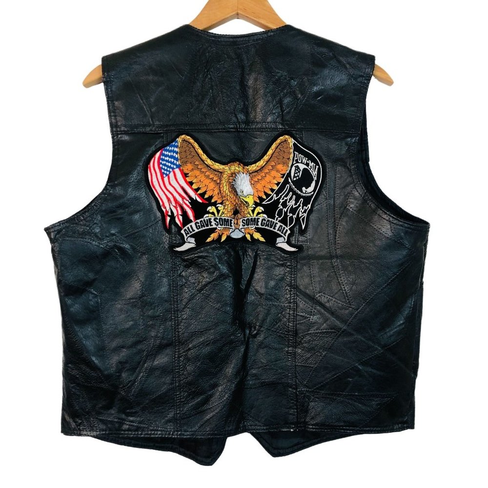 Navarre Leather Company Mens Genuine Leather Vest POW MIA Patch Snaps Black L